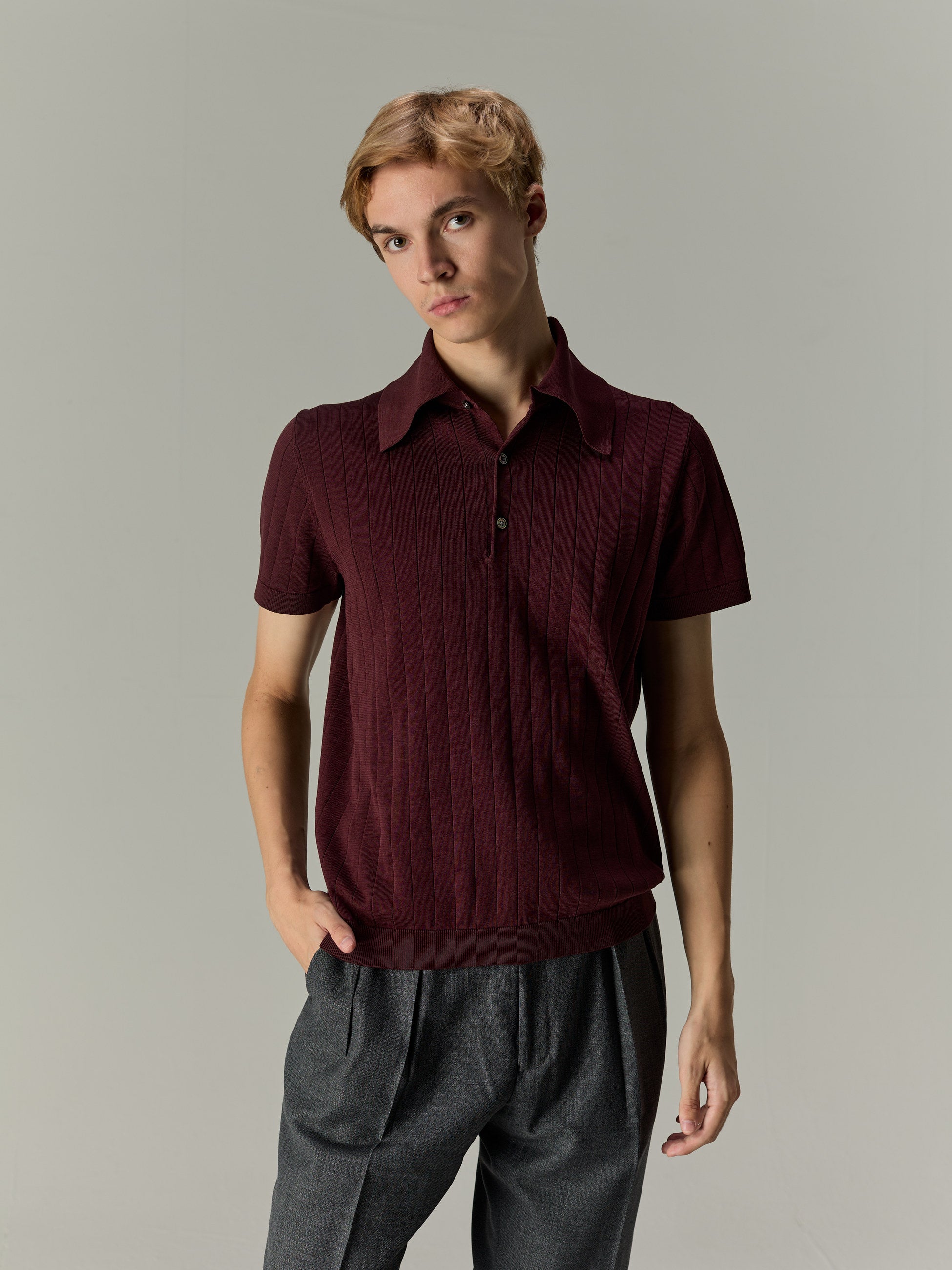 Burgundy — The Classic Polo, front view on model