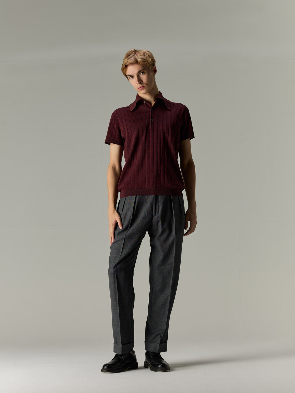 Burgundy — The Classic Polo, full length on model