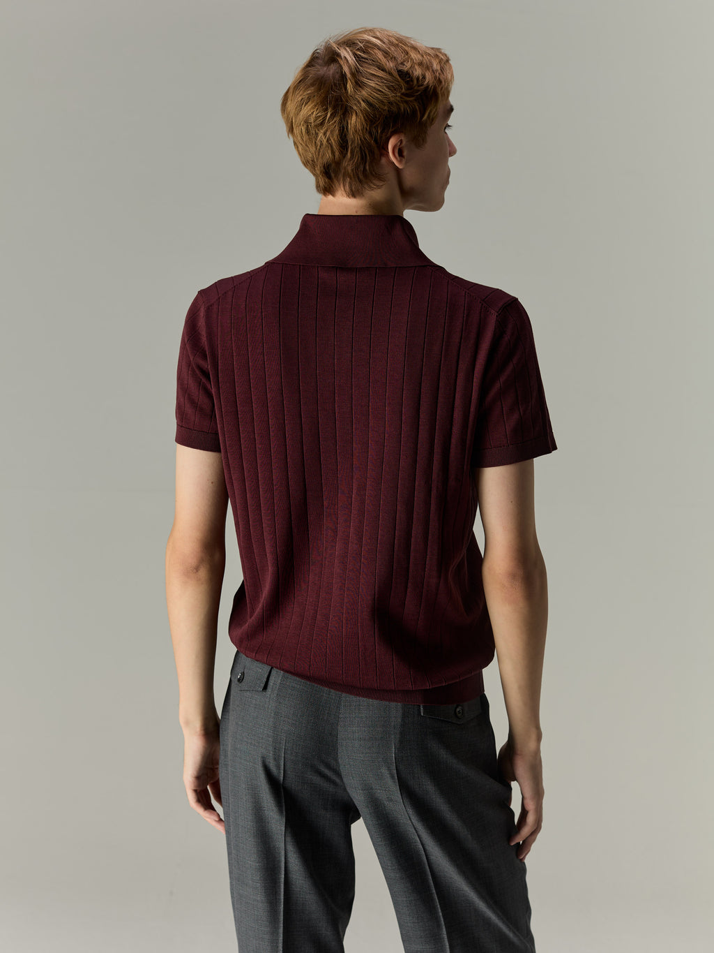 Burgundy — The Classic Polo, back view on model