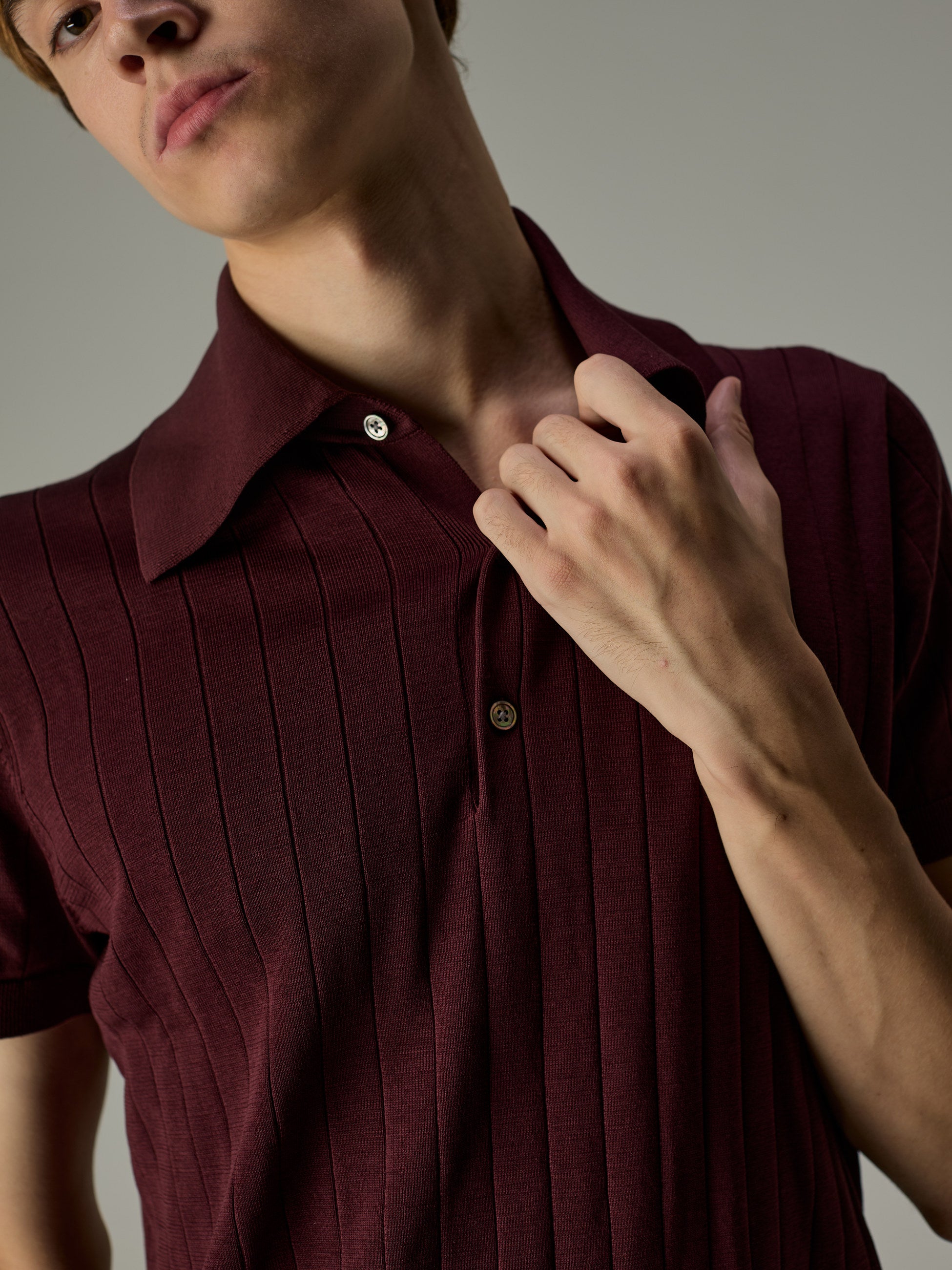 Burgundy — The Classic Polo, collar and rib knit detail
