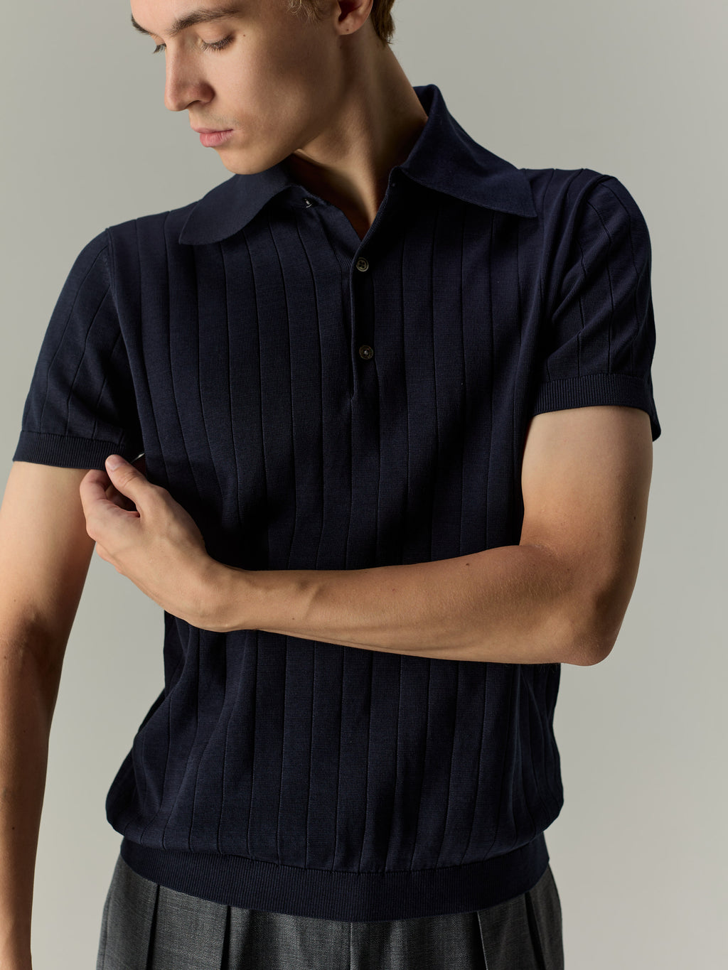 Navy — The Classic Polo, fit and drape detail