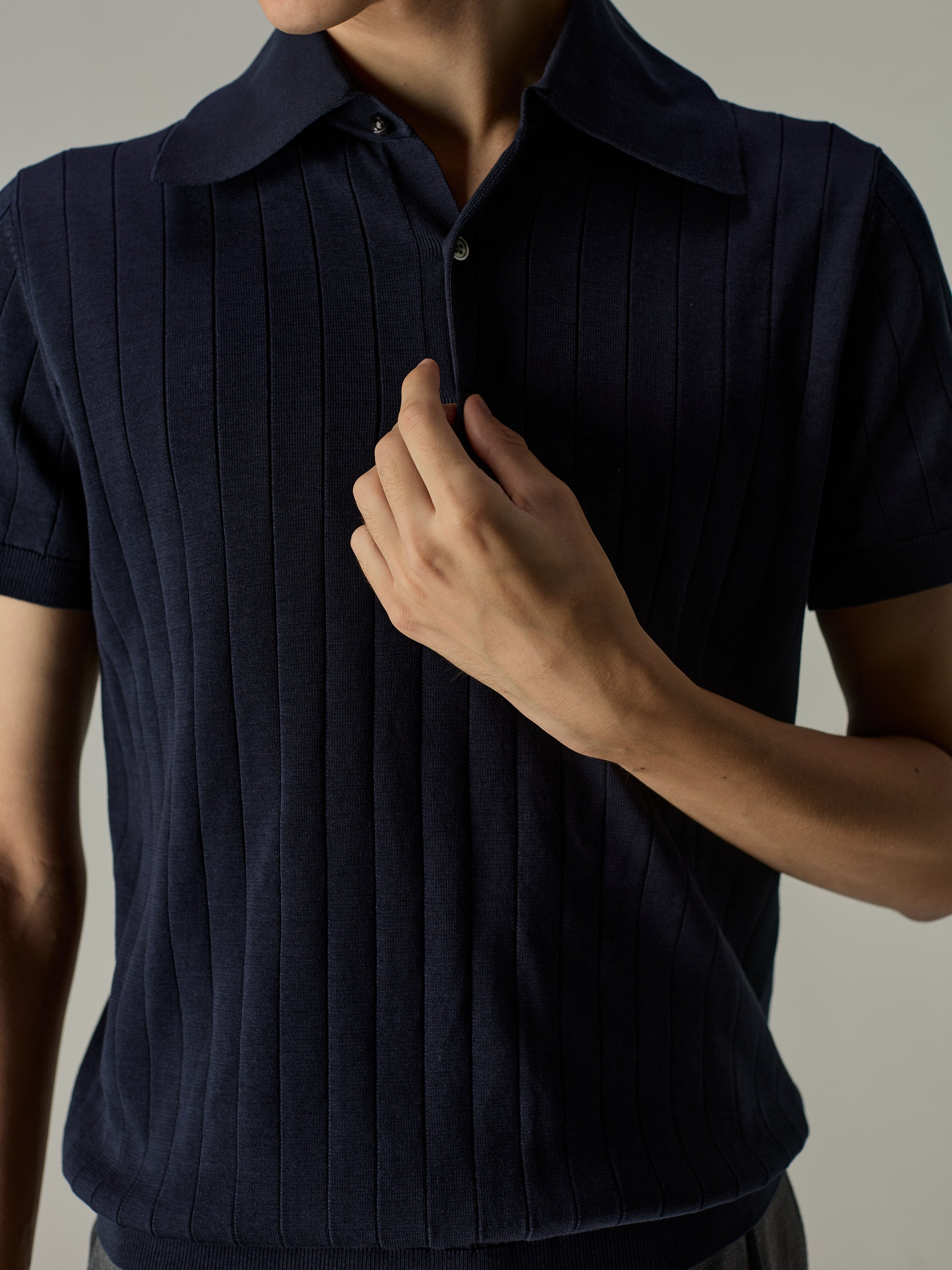 Navy — The Classic Polo, collar and rib knit detail